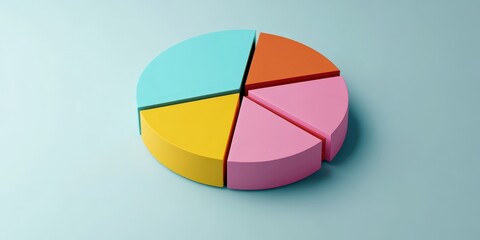 Obraz premium Colorful pie chart, pastel colors, cyan blue, yellow, pink, red segments, 3D rendering, smooth texture, soft lighting, minimalist design, business analytics concept, data visualization, clean backgrou
