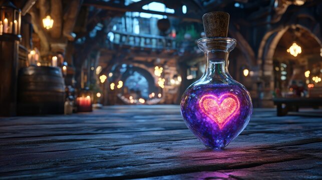 A magical potion in a heart-shaped bottle, glowing with purple light, set in a mystical environment filled with candles.