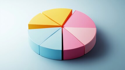 Obraz premium Colorful pie chart, pastel colors, cyan blue, yellow, pink, red segments, 3D rendering, smooth texture, soft lighting, minimalist design, business analytics concept, data visualization, clean backgrou