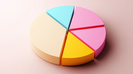 Obraz premium Colorful pie chart, pastel colors, cyan blue, yellow, pink, red segments, 3D rendering, smooth texture, soft lighting, minimalist design, business analytics concept, data visualization, clean backgrou