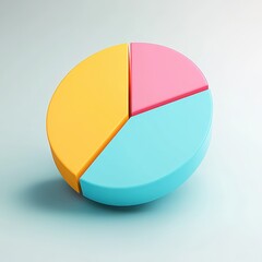 Obraz premium Colorful pie chart, pastel colors, cyan blue, yellow, pink, red segments, 3D rendering, smooth texture, soft lighting, minimalist design, business analytics concept, data visualization, clean backgrou