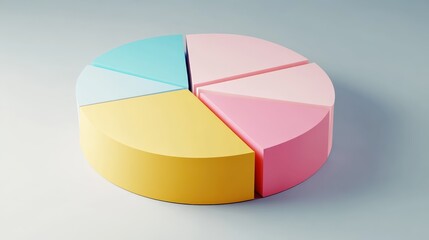 Obraz premium Colorful pie chart, pastel colors, cyan blue, yellow, pink, red segments, 3D rendering, smooth texture, soft lighting, minimalist design, business analytics concept, data visualization, clean backgrou