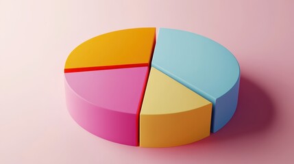 Obraz premium Colorful pie chart, pastel colors, cyan blue, yellow, pink, red segments, 3D rendering, smooth texture, soft lighting, minimalist design, business analytics concept, data visualization, clean backgrou