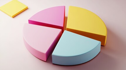 Obraz premium Colorful pie chart, pastel colors, cyan blue, yellow, pink, red segments, 3D rendering, smooth texture, soft lighting, minimalist design, business analytics concept, data visualization, clean backgrou