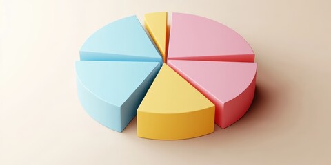 Obraz premium Colorful pie chart, pastel colors, cyan blue, yellow, pink, red segments, 3D rendering, smooth texture, soft lighting, minimalist design, business analytics concept, data visualization, clean backgrou