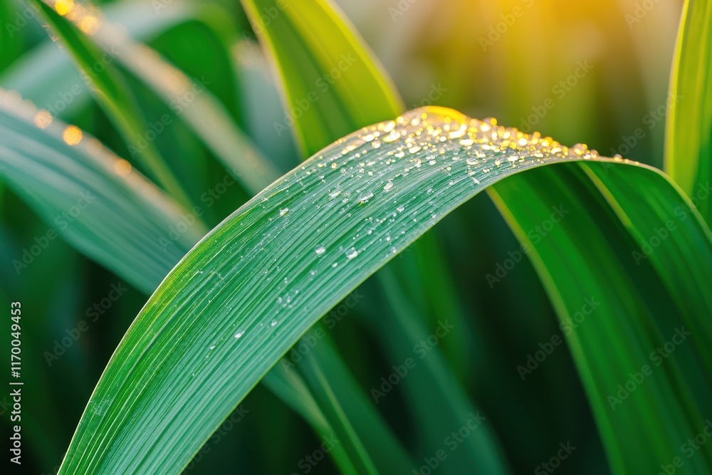 Wall mural Close-up View of Dew Drops on Vibrant Green Leaf in Morning Light