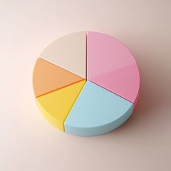 Obraz premium Colorful pie chart, pastel colors, cyan blue, yellow, pink, red segments, 3D rendering, smooth texture, soft lighting, minimalist design, business analytics concept, data visualization, clean backgrou