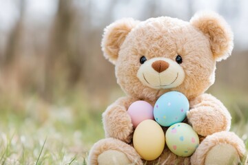 Teddy bear is holding a basket of eggs