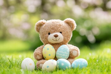 Teddy bear is sitting on a grassy field with a basket of eggs