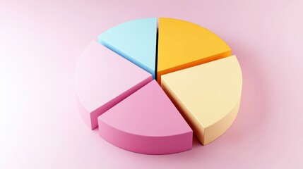 Obraz premium Colorful pie chart, pastel colors, cyan blue, yellow, pink, red segments, 3D rendering, smooth texture, soft lighting, minimalist design, business analytics concept, data visualization, clean backgrou