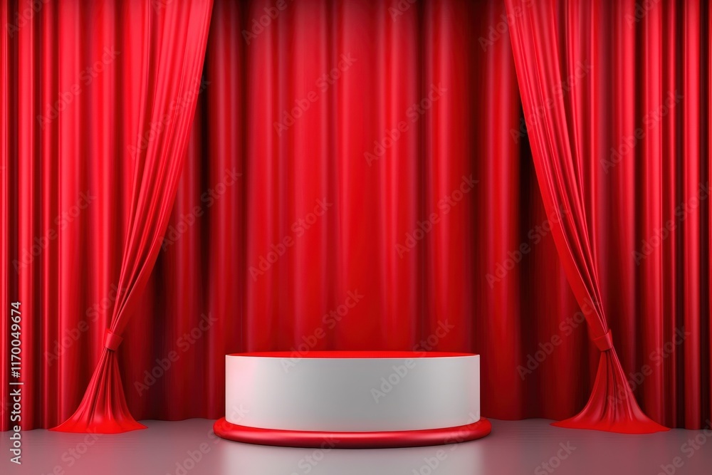 Poster bright red velvet curtain backdrop with round stage displaying dramatic and elegant setting for perf