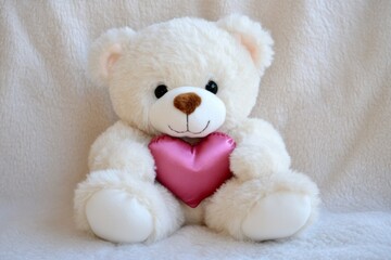 Obraz premium White teddy bear holding a pink heart