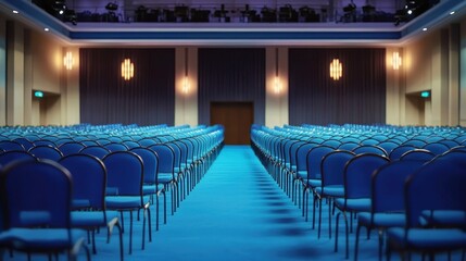 Large conference hall, rows of blue chairs, symmetrical perspective, dramatic lighting, ceiling spotlights, patterned blue carpet, empty auditorium, wide-angle view, corporate event space, geometric p