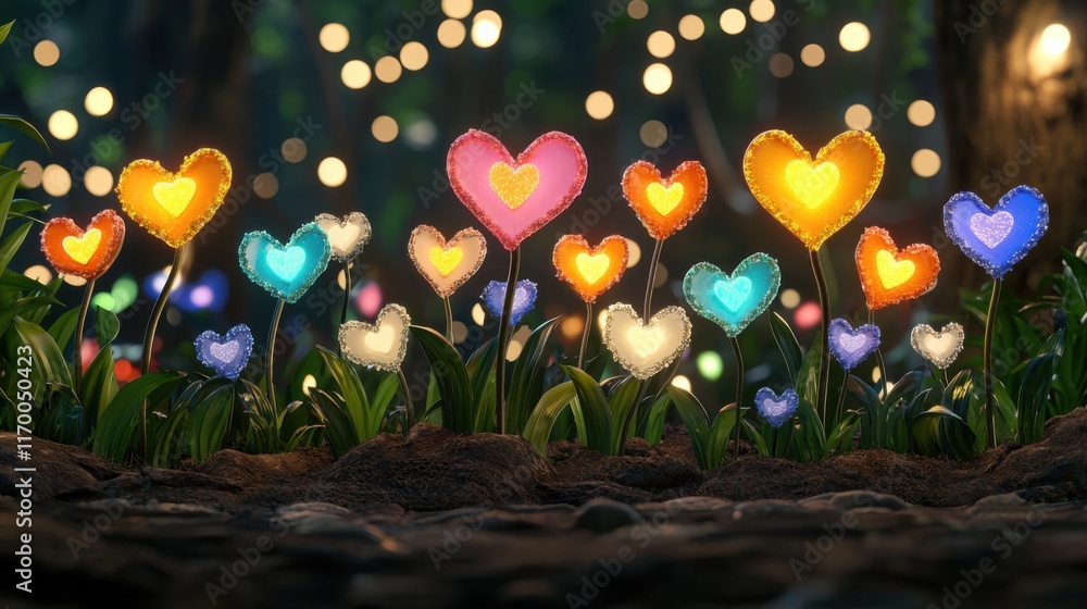 Aufkleber a vibrant display of heart-shaped flowers illuminated by soft lights, creating a whimsical and encha