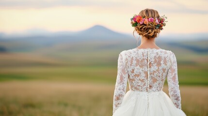 Fototapeta premium Romantic Bride in Floral Crown Posing in Natural Landscape with Mountains and Soft Sunset Background