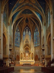 Obraz premium Gothic church altar, stained glass, ornate ceiling, Parisian interior, religious worship