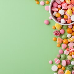 Obraz premium delightful assortment of colorful candies on the right side of the image, complemented by a gentle pastel background that invites indulgence