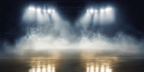 Spotlight illuminating empty stage, wooden floorboards, dramatic lighting, foggy atmosphere, theater backdrop, golden glow, theatrical ambiance, cinematic scene, mysterious mood, dark shadows, perform