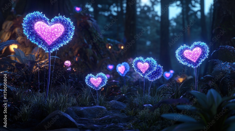 Poster a whimsical display of glowing heart-shaped flowers illuminating a mystical forest, creating a magic