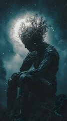 Obraz premium Cosmic Melancholy: A Surreal Figure Under the Night Sky