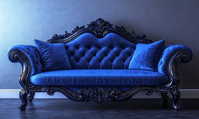 A luxurious blue velvet sofa with intricate detailing and plush cushions.