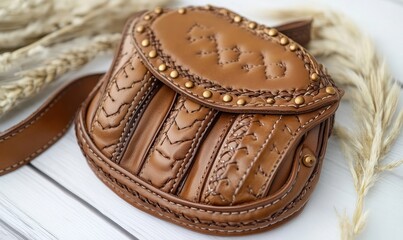 Brown leather crossbody bag on wood, wheat