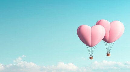 Fototapeta premium Two pink heart-shaped hot air balloons float gently in a clear blue sky, symbolizing love, adventure, and dreams.