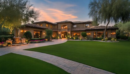 A luxurious home with landscaped gardens at twilight.