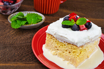 メキシコのスイーツ パステル・デ・トレス・レチェス(3種のミルクのケーキ) コピースペースあり Mexican sweets Pastel de Tres Leches( Mexican Tres Leches Cake,Tres Leches Cake,Three Milk Cake, 3 Milk Cake) with copy space