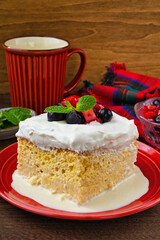 メキシコのスイーツ パステル・デ・トレス・レチェス(3種のミルクのケーキ) コピースペースあり Mexican sweets Pastel de Tres Leches( Mexican Tres Leches Cake,Tres Leches Cake,Three Milk Cake, 3 Milk Cake) with copy space