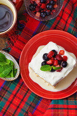 メキシコのスイーツ パステル・デ・トレス・レチェス(3種のミルクのケーキ) コピースペースあり Mexican sweets Pastel de Tres Leches( Mexican Tres Leches Cake,Tres Leches Cake,Three Milk Cake, 3 Milk Cake) with copy space