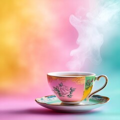 Fototapeta premium delightful teacup with a steaming drink on the right side of the image, complemented by a soft pastel background that invites warmth