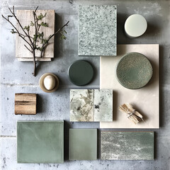 moodboard, mat&eacute;riaux, salle de bains, carrelage, camaieu de vert, design, ardoise rouill&eacute;e, sol bois clair en forme de p&eacute;tale