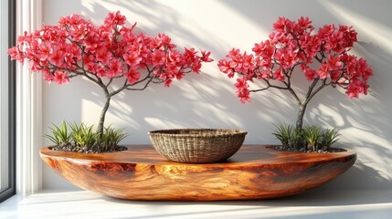 Decorative arrangement of pink flowers and a bowl.