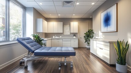 Modern medical office interior with examination couch.