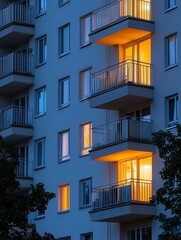 Obraz premium Evening illumination of apartment balconies urban environment architectural photography nighttime viewpoint