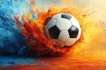 Naklejka premium Dynamic Soccer Ball Explodes with Color and Energy