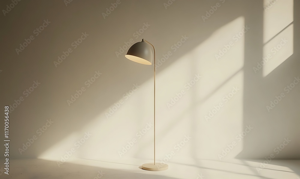 Poster a minimalist floor lamp casting soft light and shadows in a serene space.