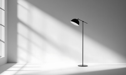 A minimalist interior featuring a black floor lamp casting shadows on a white wall.