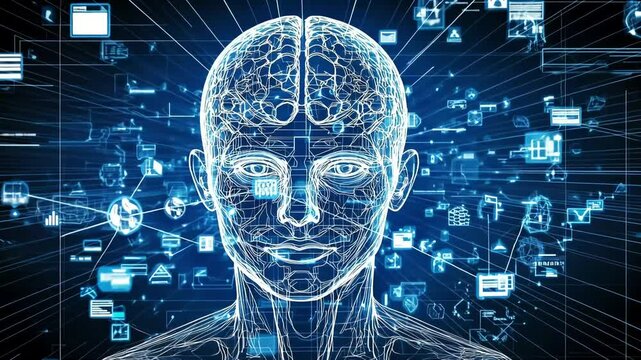 wireframe head with brain details is shown on a digital background, representing artificial intelligence