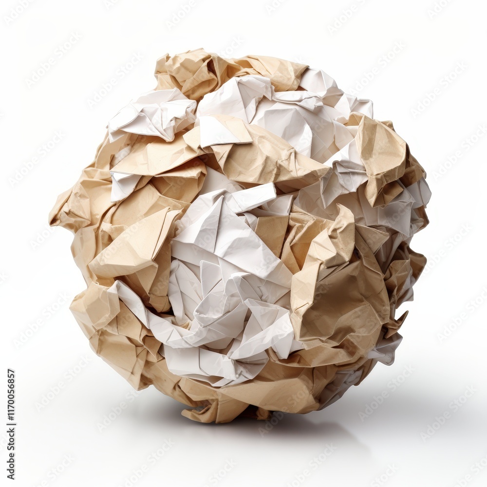 Poster crumbled paper ball isolated on white background, creating a unique texture and visual element for a