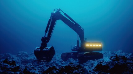 Underwater Excavator Working in Deep Ocean Environment at Night