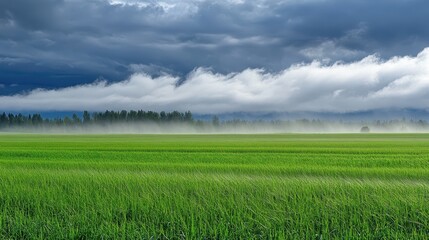 Obraz premium Lush Green Field Under Dramatic Cloudy Sky