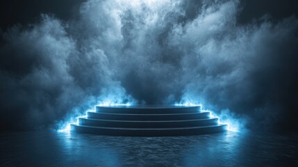 Mysterious blue lit stage with smoke effect perfect for product presentation.
