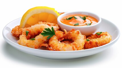 127. A platter of fried calamari with lemon wedges and marinara dipping sauce, Isolated, White background, Editorial Photography, Studio lighting, Magazine foods style