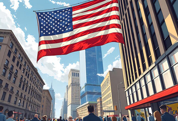 American Flag Soars Over City Street: A Vibrant, Stylized Scene