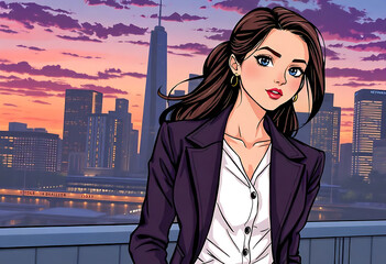 Confident Woman in Business Attire Against a Sunset Cityscape