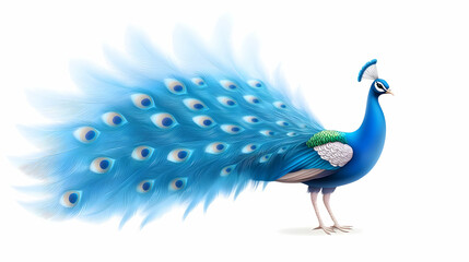 A colorful peacock with vibrant feathers in front of a white background