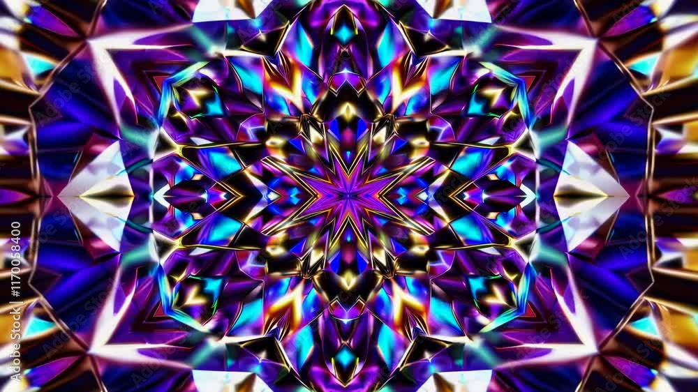 Poster Abstract kaleidoscope with vibrant colors, dynamic geometric patterns. Digital art and visual symmetry concept