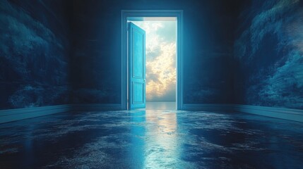 Open door reveals bright sky a new beginning hope concept.